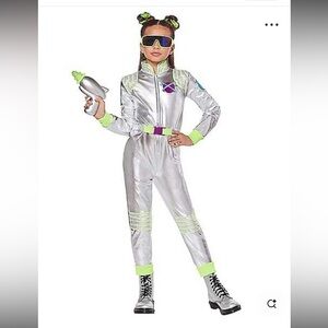 Girls Space Costume, Silver and Green Galaxy Space Jumpsuit (SMALL, 4-6)